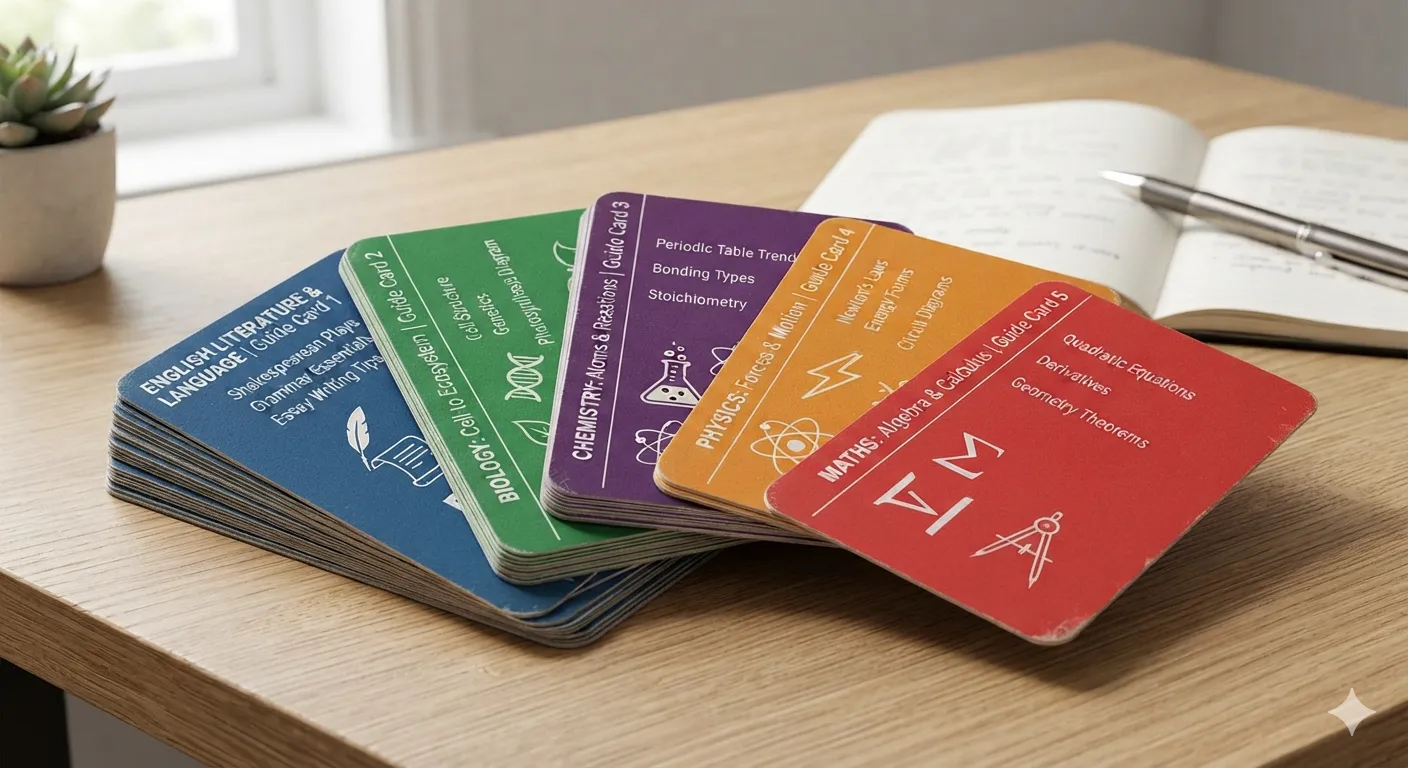 A stack of subject guide cards (Maths, Physics, Chemistry, Biology, English) fanned out.
